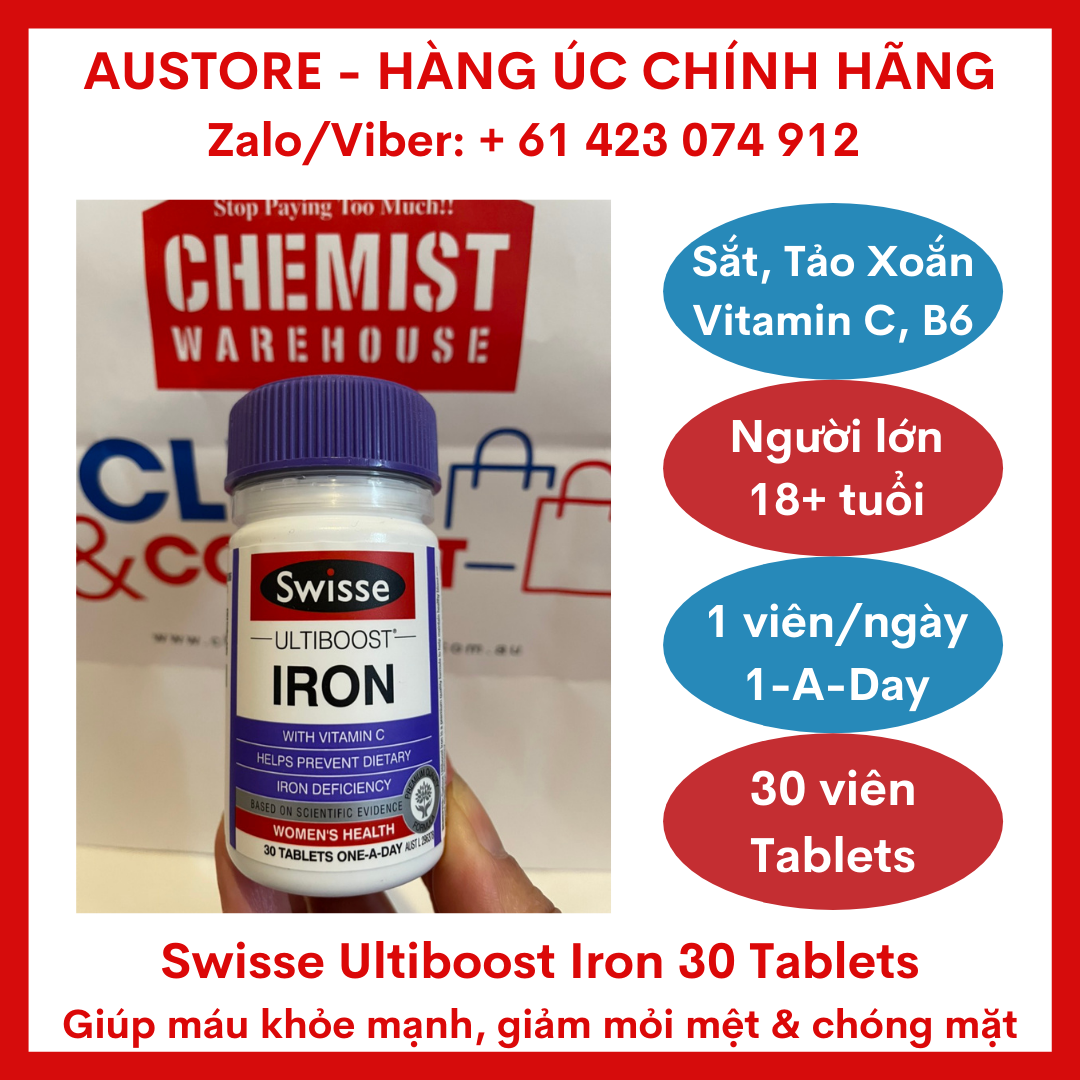[Bill Úc] Swisse Ultiboost Iron 30 Tablets - Viên sắt Swisse giúp duy trì máu khỏe mạnh & hỗ trợ kiểm soát tình trạng thiếu sắt trong chế độ ăn uống