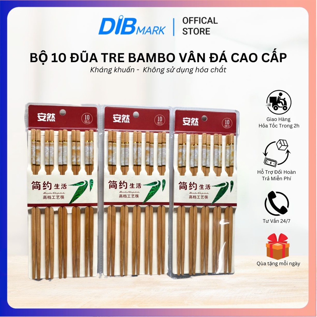 Bộ 10 đũa tre ăn cơm vân đá kháng khuẩn cao cấp Bamboo