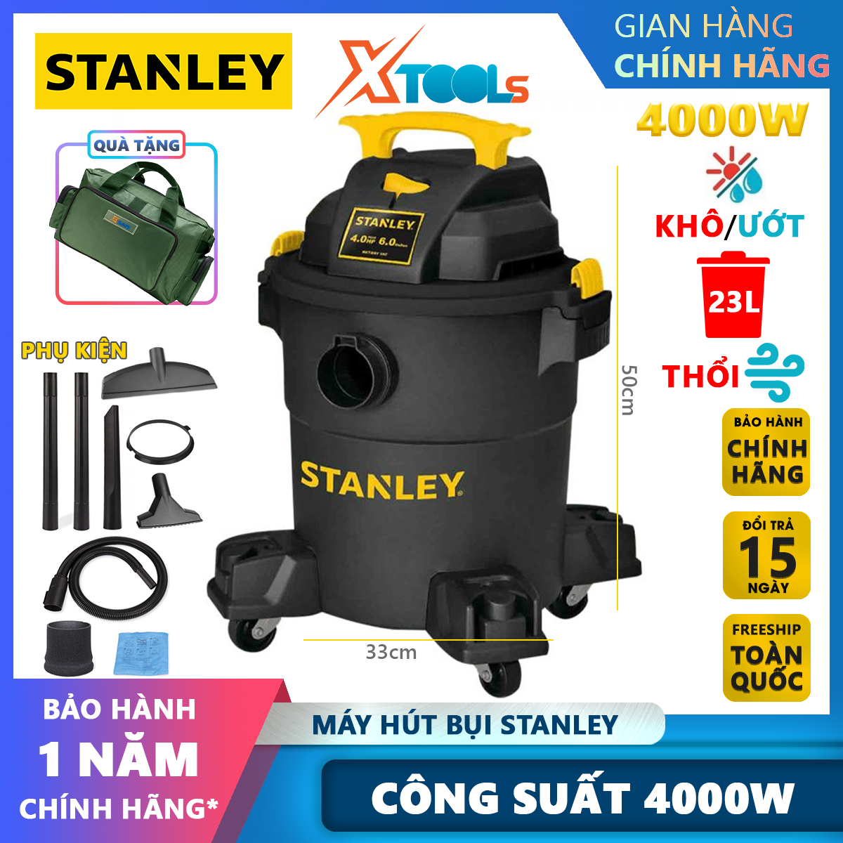 Máy hút bụi siêu mạnh 3 chức năng hút khô, ướt và thổi bụi 4000W STANLEY SL19417P-6A MỸ dung tích 23L hút bụi gia đình, công nghiệp, vệ sinh thảm, giường nệm, hút nước bảo hành 12 tháng chính hãng