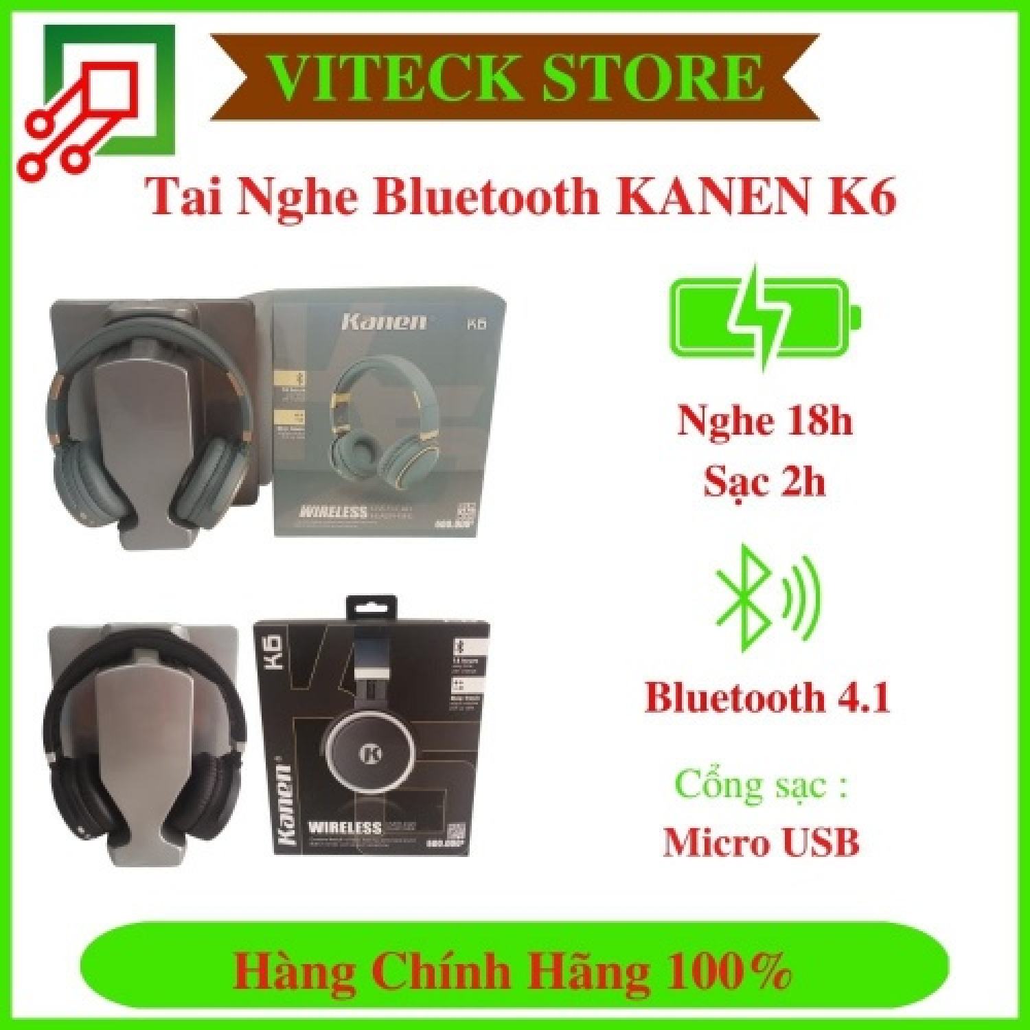 Tai Nghe Bluetooth Kanen K6 - Thời gian nghe lên đến 18h - Bluetooth 4.1