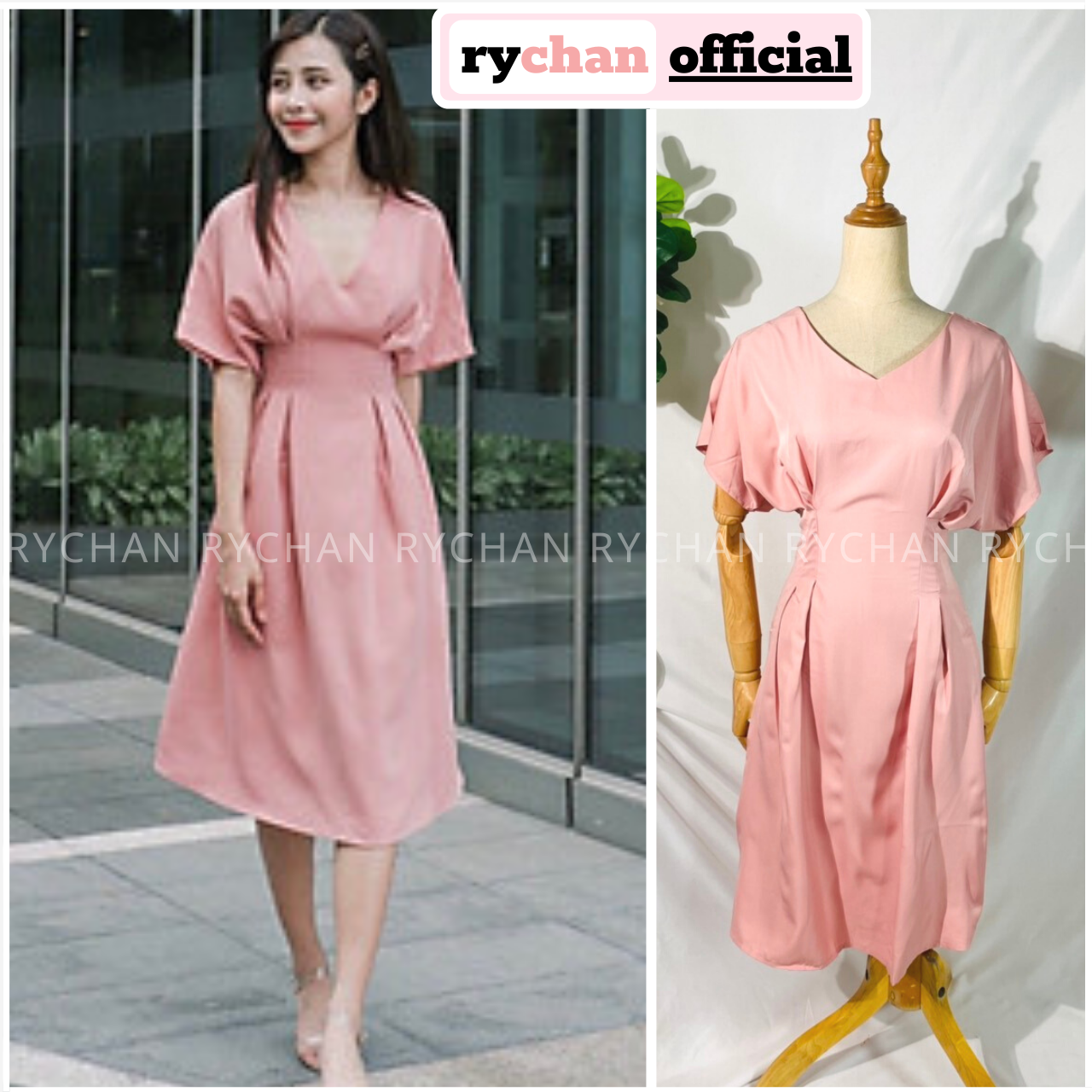 Đầm xoè hồng cổ v cánh dơi bo eo form dài - dx074