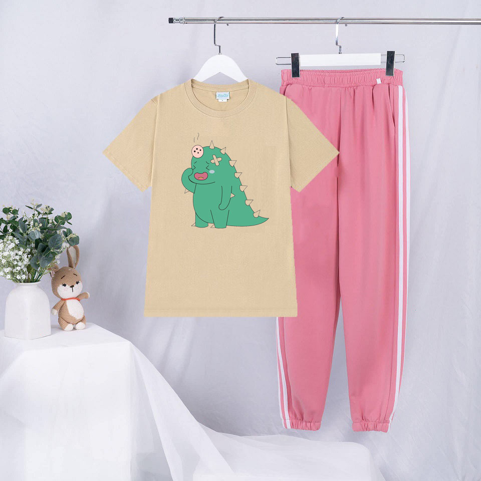 Sét Bộ Đồ Quần Áo Thời Trang Uzlzzang Nữ Ngắn Tay Mùa Hè Siêu Xinh Cute Mặc Đi Chơi Dạo Phố, Áo Da Cotton In Họat Hình 3D Khủng Long Băn Vế Thương Quần Thun Sọc Bo Gấu Phong cách