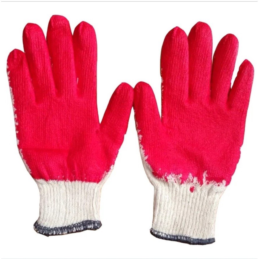 Găng tay bảo hộ lao động, găng tay làm vườn, chất liệu vải sợi polyester màu trắng phủ sơn đỏ (1 đôi)