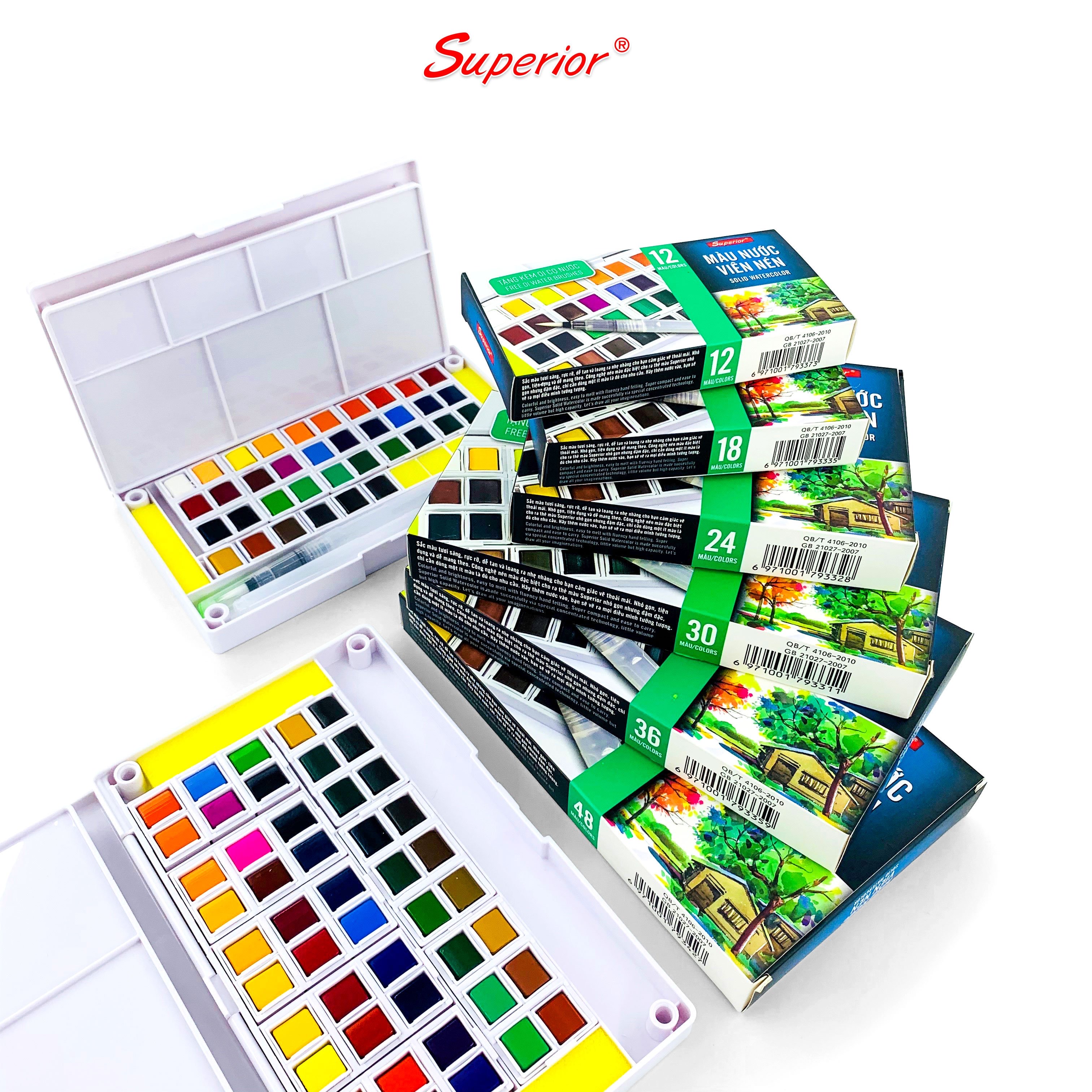Màu nước superior nén 12/18/24/30/36/48 tặng kèm cọ nước