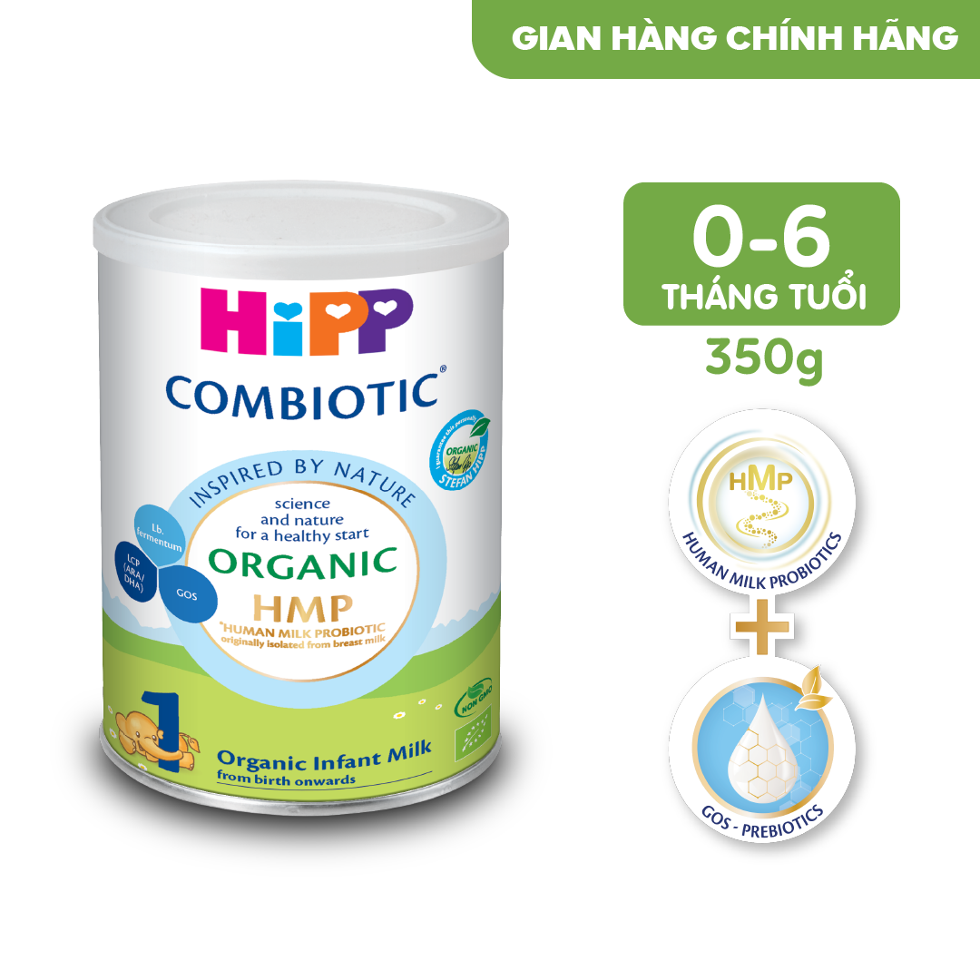 Sữa bột dinh dưỡng công thức HiPP 1 Organic Combiotic 350g dành cho trẻ dưới 6 tháng tuổi, chất lượng hữu cơ tự nhiên an toàn, hỗ trợ tăng cường sức khoẻ hệ miễn dịch, bổ sung omega 3,6