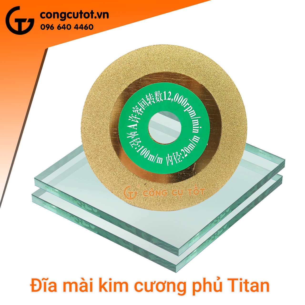 Đĩa mài kính kim cương phủ titan vàng hạt mịn phi 100mm lỗ 20mm