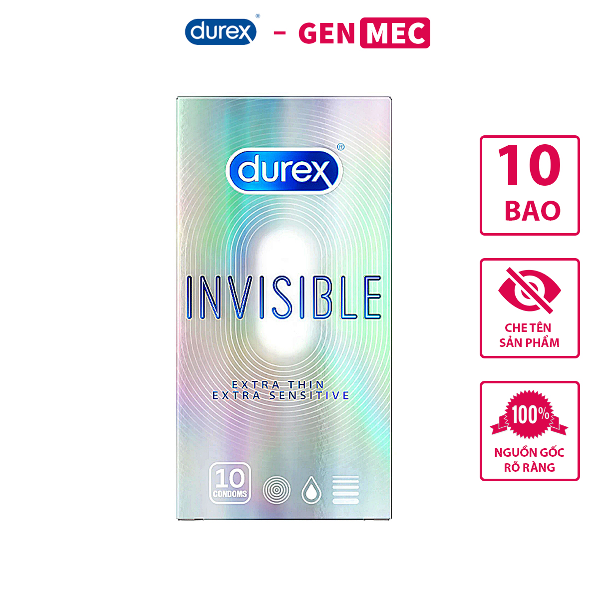Bao cao su siêu mỏng durex invisible - siêu khoái cảm - cực thăng hoa - bcs durex invisible extra thin hộp 10 bao - genmec
