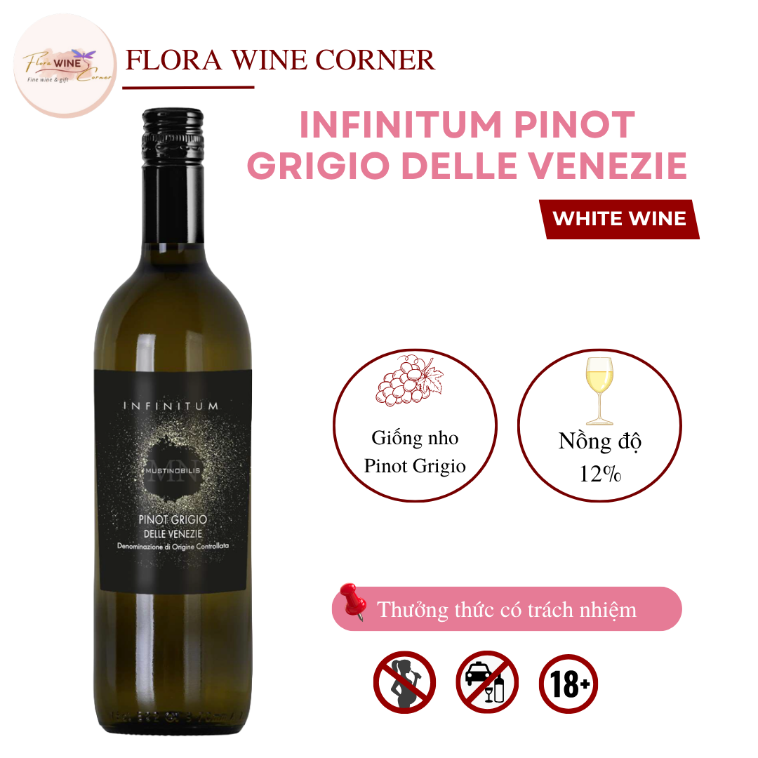 Rượu vang trắng Ý Infinitum Pinot Grigio Delle Venezie   – Nồng độ 12% Alc, 750ml - Nhập khẩu Chính Hãng