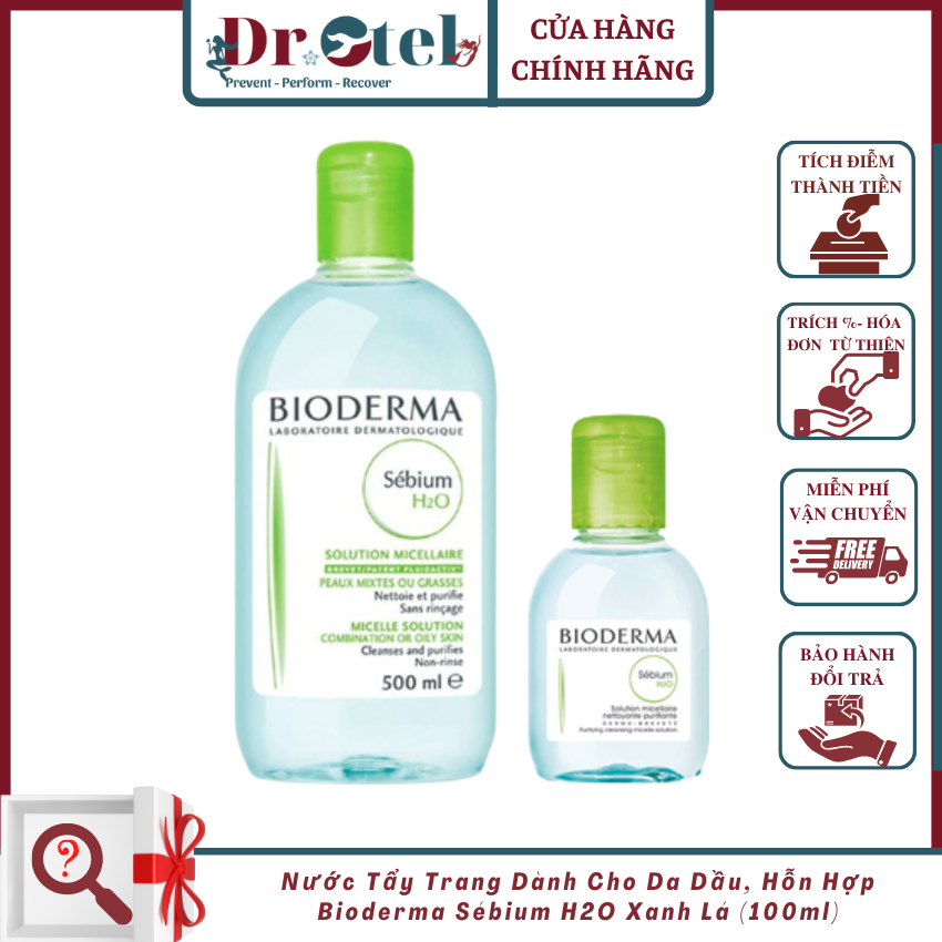 Nước tẩy trang dành cho da dầu, hỗn hợp bioderma sébium h2o xanh lá