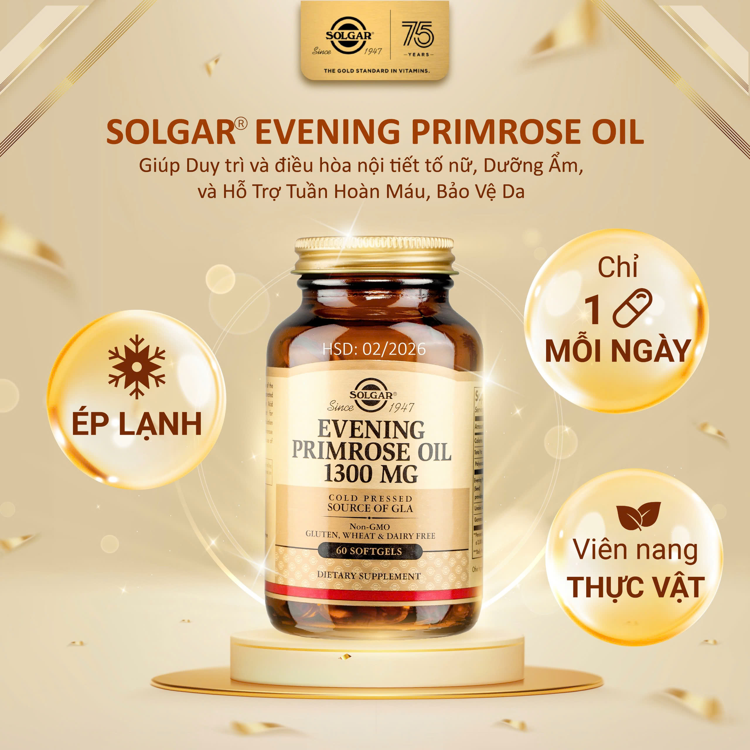 Viên Uống Solgar Evening Primrose Oil Điều Hòa Kinh Nguyệt Tinh Dầu Hoa Anh Thảo - Giúp Cân Bằng Nội Tiết Tố, Dưỡng Ẩm Và Bảo Vệ Da [Lọ 60 Viên - 09/2025]