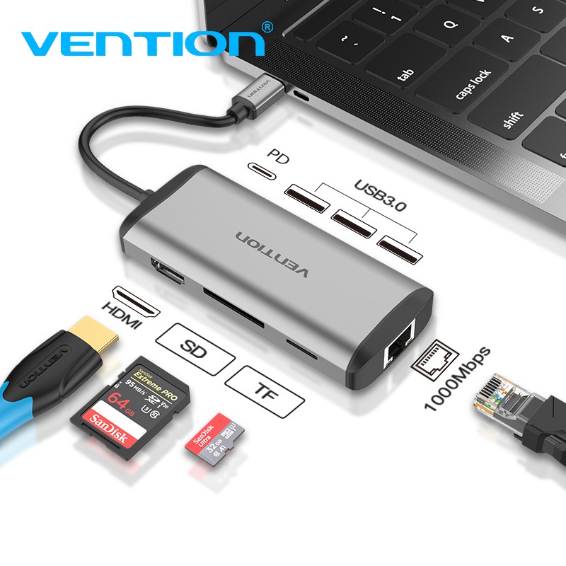 Bộ chuyển đổi 8 trong 1 usb type c sang 3 usb 3.0, hdmi, lan, đọc thẻ tf, sd, nguồn chính hãng vention cndhb cao cấp