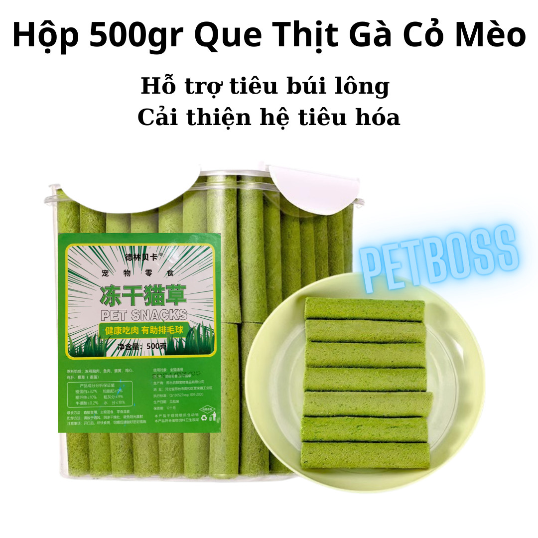 (HỘP 500GRAM) THANH GÀ CỎ MÈO, ĐỒ ĂN KHÔ CHO MÈO GIÚP TIÊU BÚI LÔNG, BỔ SUNG VITAMIN