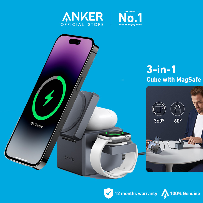 Anker magsafe charger stand 3-in-1 cube with magsafe, 15w max fast charging stand, foldable wireless charger for iphone 15/14/13, apple watch s1-8/ultra, airpods