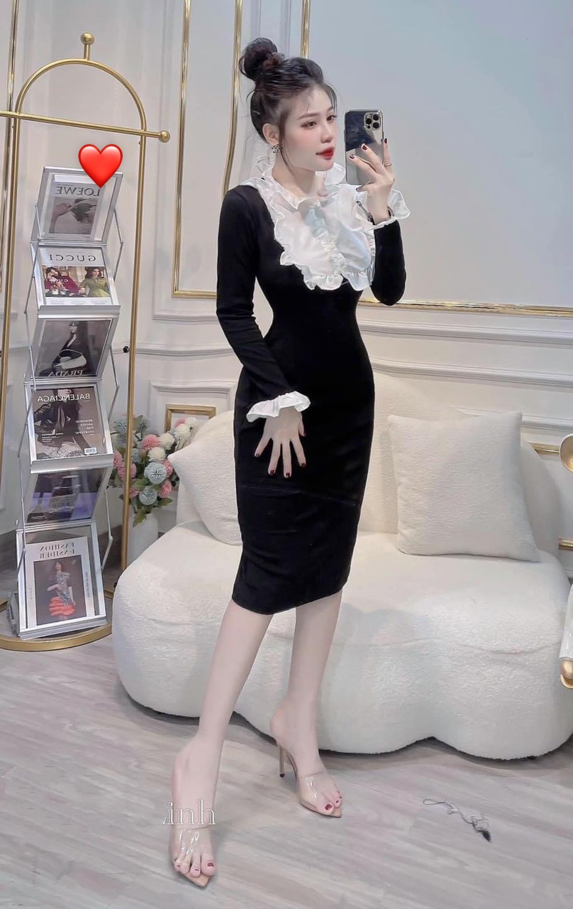Đầm tay dài thun gân phối voan bèo tay cổ ôm body cực xinh
