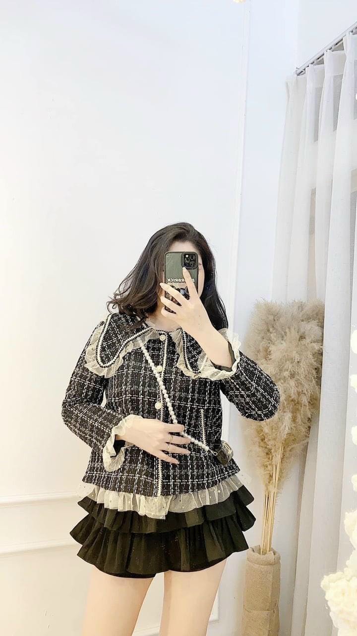 Áo khoác dạ nữ tiếu thư , áo khoác dạ cổ nơ viền bèo