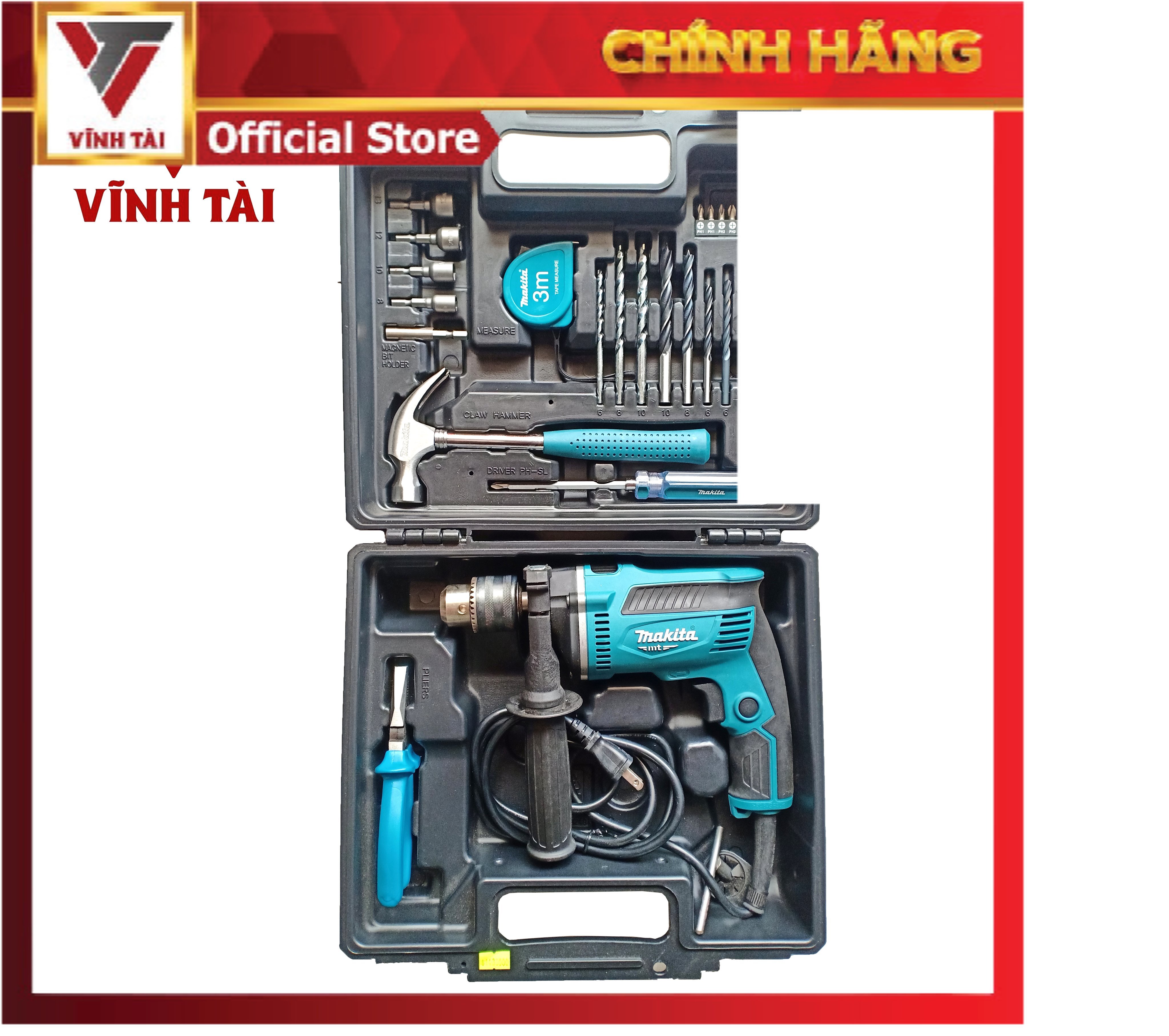 Máy khoan tường Makita M8103KX2B kèm bộ phụ kiện 26 món dùng khoan sắt, gỗ, tường, bắt vít - Vĩnh Tài Store