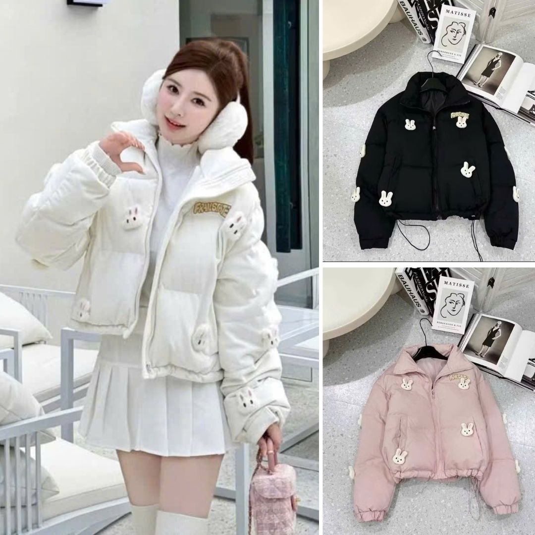 Áo Khoác Phao Nữ Dáng Ngắn Đính Thỏ Có Dây Rút Áo Phao Croptop Nữ 3 Lớp Free Size Siêu Ấm