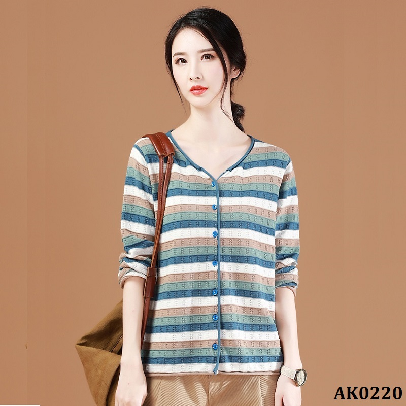 [HCM]AK0220-Áo Khoác Len Dệt Kim Sọc Ngang