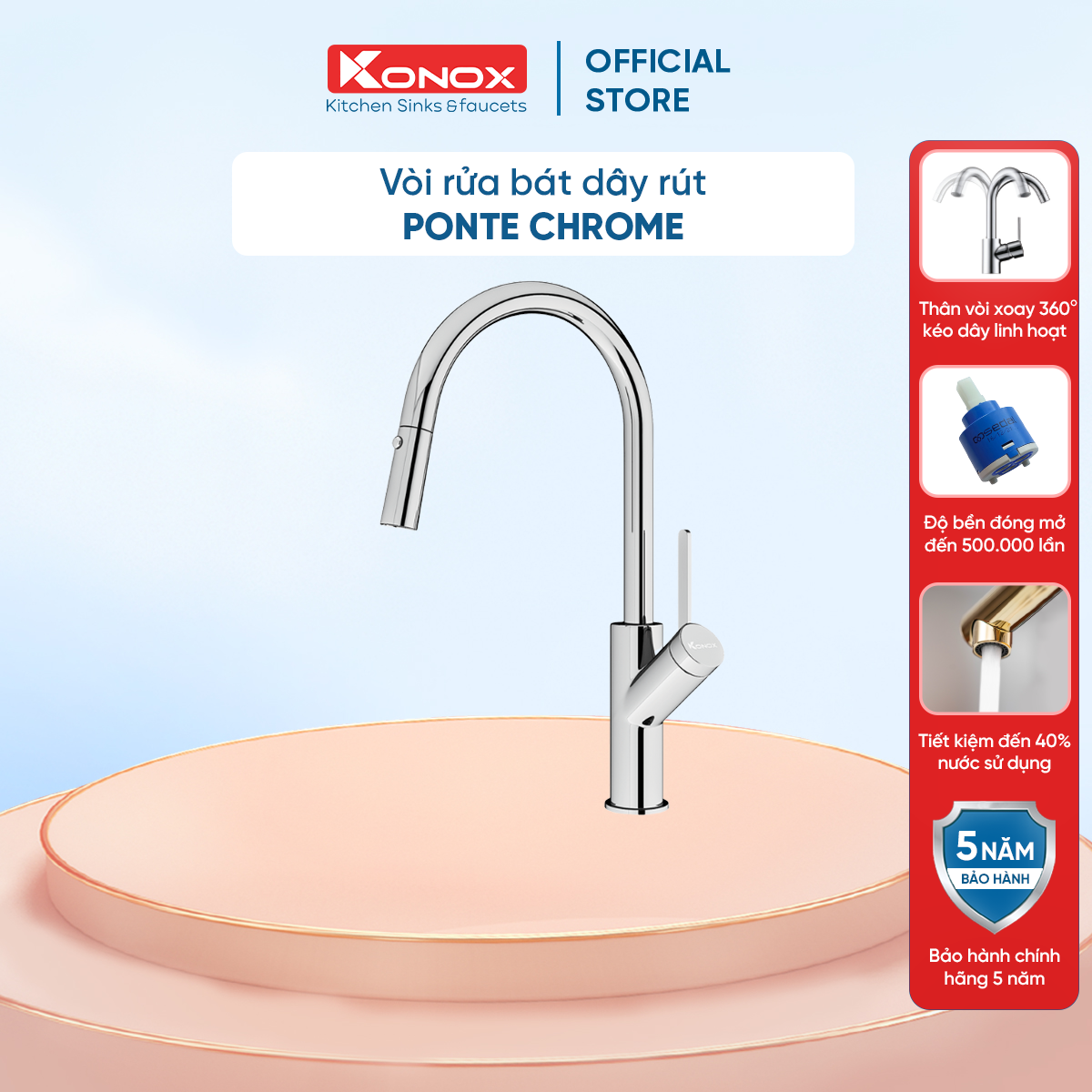 Vòi rửa bát dây rút Konox Ponte Chrome