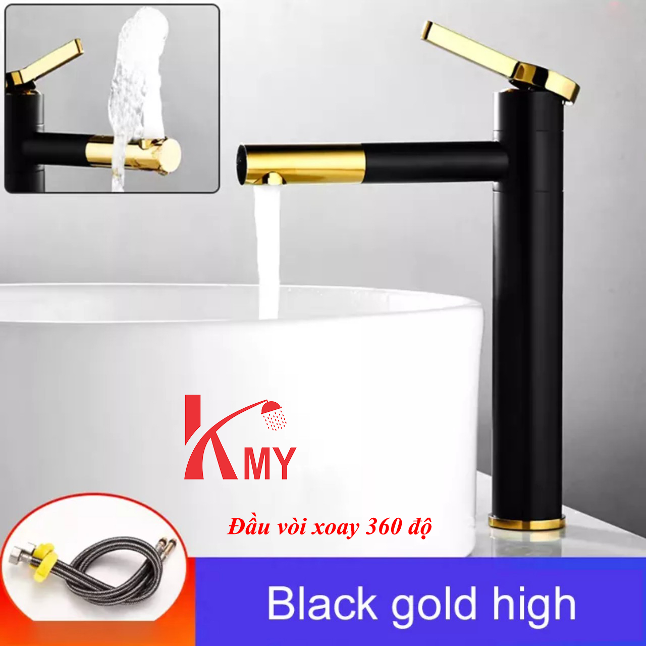 Vòi lavabo sơn tĩnh điện Đen cao 30 cm, đầu vòi xoay 360 độ KMY