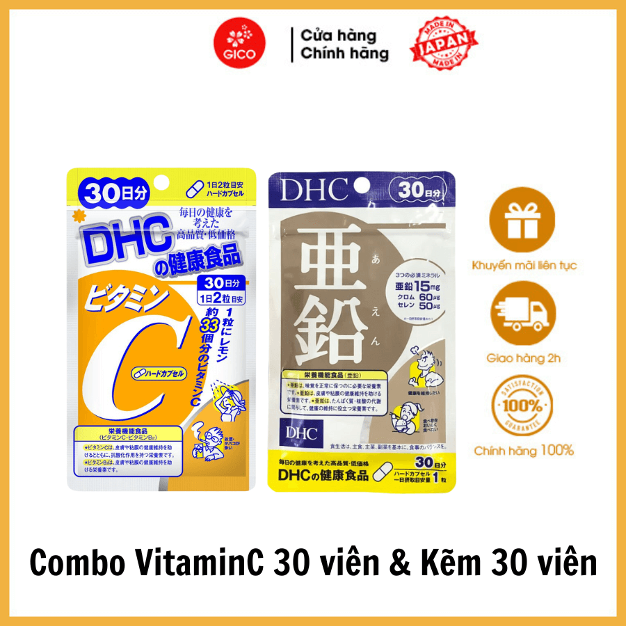 Combo Viên uống DHC Ngừa mụn Mờ thâm 30 Ngày Kẽm 30 viên & Vitamin C 60