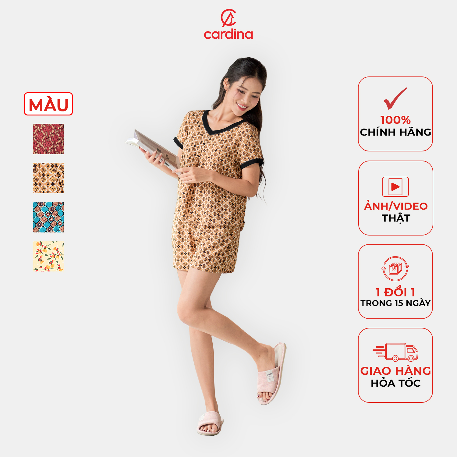 Đồ bộ nữ CARDINA chất liệu lụa hàn châu đùi xếp ly ngực thoáng mát mềm mại trẻ trung 4BSN04