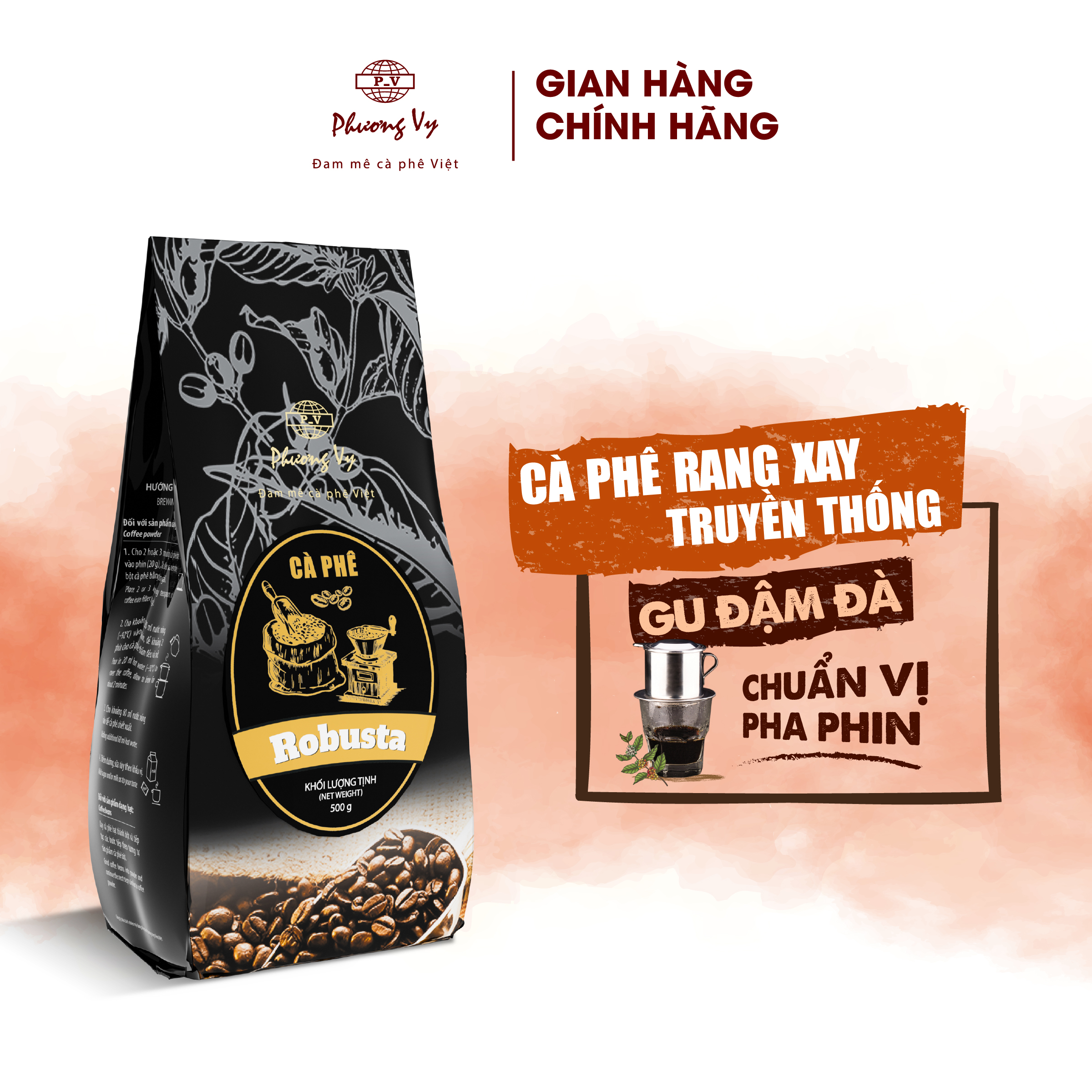 Cà Phê Truyền Thống Robusta 500g vị đậm đà, thơm ngon, dành cho pha phin, Phương Vy Coffee