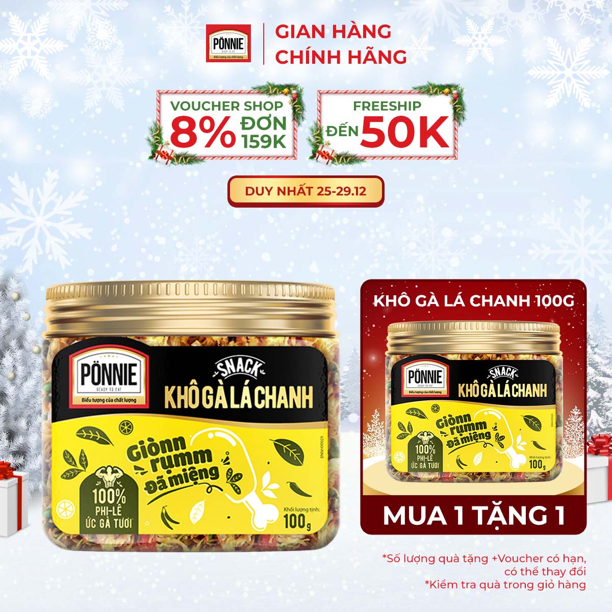 VOUCHER 20 DUY NHẤT 20.12 HSD T2.2024 Snack Ponnie Khô Gà Lá Chanh Hộp 100G