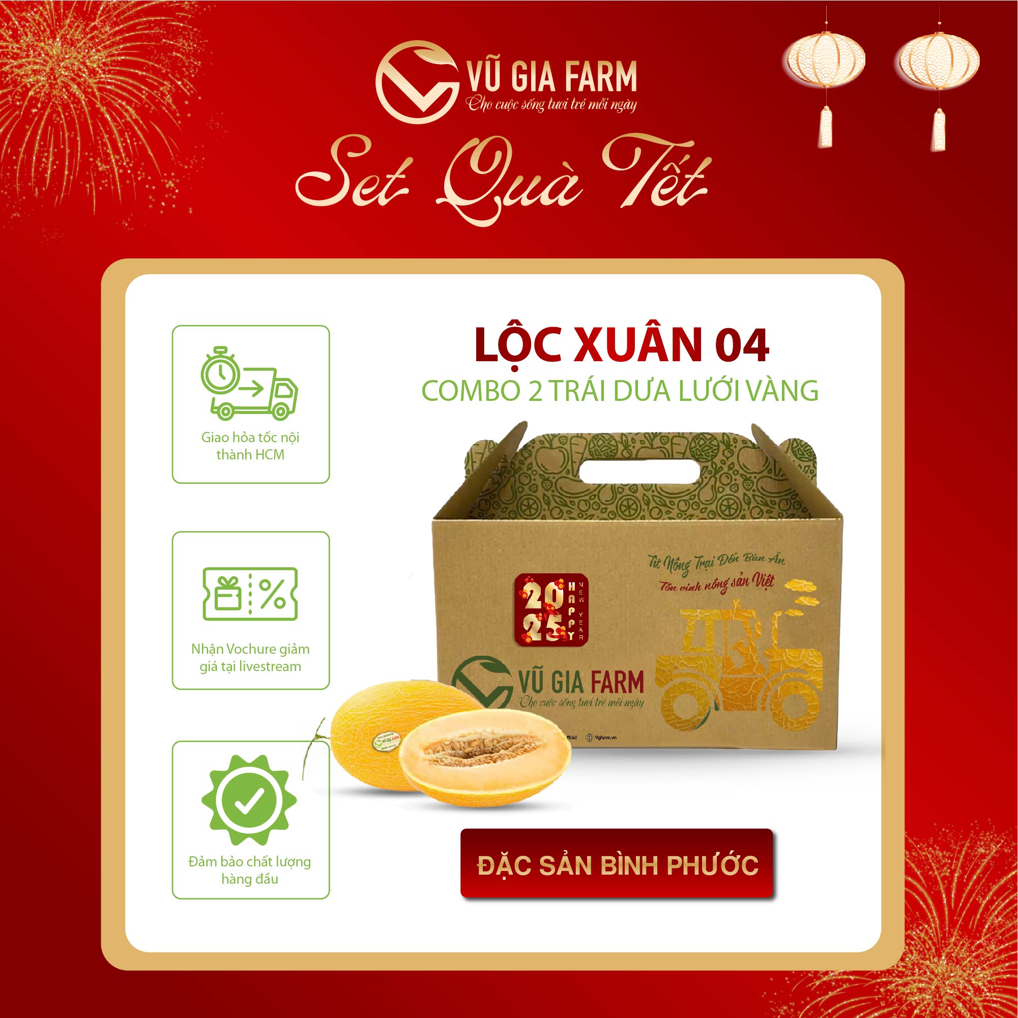 [GIỎ QUÀ] LỘC XUÂN 04 COMBO 2 Trái Dưa Lưới Vàng - Đặc sản Bình Phước