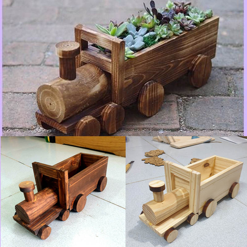 Chậu trồng sen đá xương rồng hình xe lửa bằng gỗ/ wooden train planter