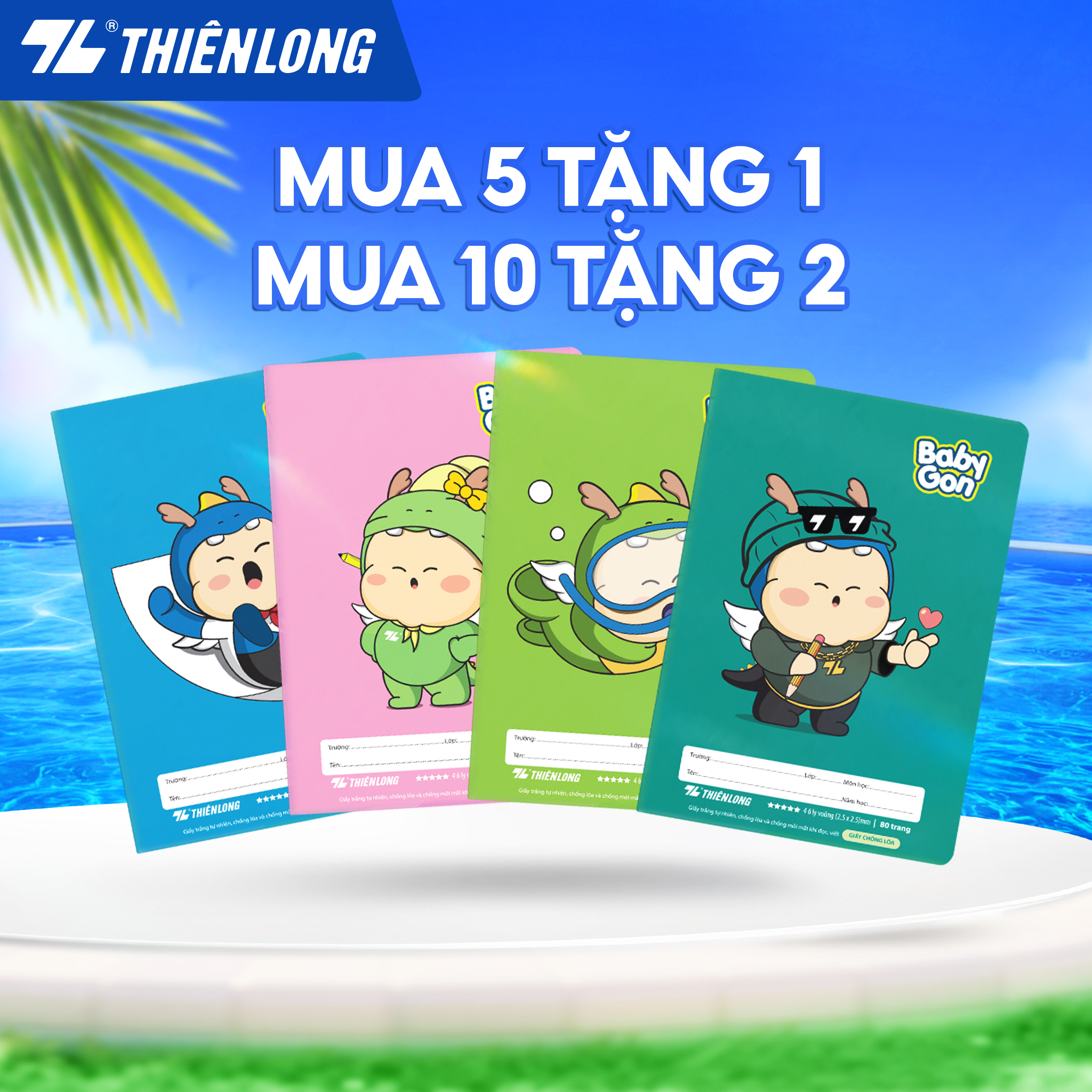 [Free 02 Books] Combo of 10 Student Notebooks, 80 Pages, 4 Squares, 2.5mm, 100Gsm, Nb-123 Thien Long - Random Pattern