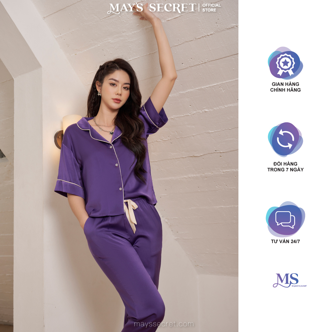 Bộ pyjamas lụa Twill Silk cộc tay quần dài tím trơn - May's Secret