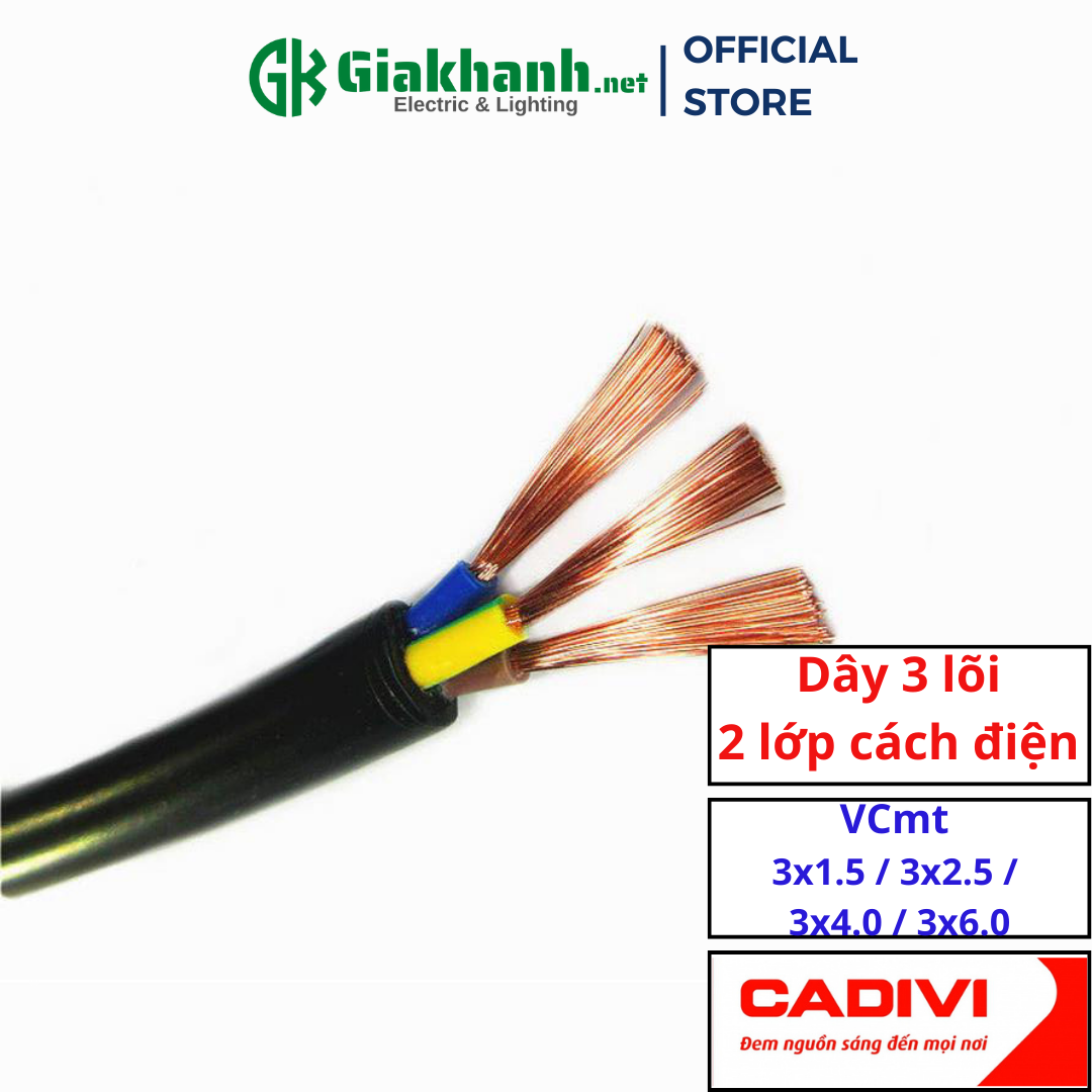   bán theo mét  Dây Điện Mềm Tròn Bọc PVC 3 lõi 300 500V 2 Lớp Cách Điện Cadivi VCmt 3x1.5 3x2.5 3x4.0 3x6.0mm2 
