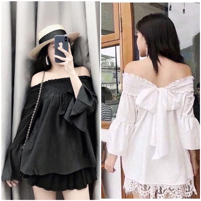 [HOÀN TIỀN ĐẾN 15%]áo trễ vai tay dài, áo bánh bèo trễ vai nơ sau lưng cá tính 2 màu