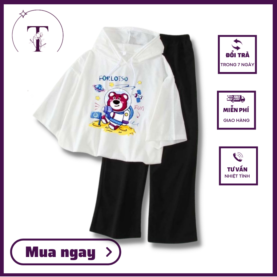 Sét bộ áo thun nữ có mũ các hình 3d, chất cotton phom unisex kèm quần ống rộng dài, sét bộ đi học , sét bộ đi chơi