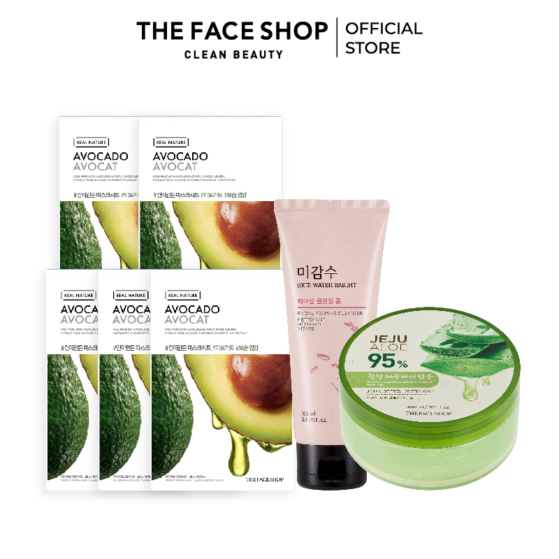 Sữa rửa mặt the face shop rice 100ml + 5 mặt nạ bơ + gel dưỡng 300ml