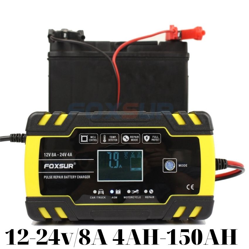 Nguồn sạc bình ắc quy 12V- 24V FOXSUR Có khử sunfat phục hồi ắc quy 6Ah-150Ah thông minh tự ngắt khi đầy chống ngược cực,sac ac quy ô tô xe máy sạc cả bình khô bình nước (Loại 1)