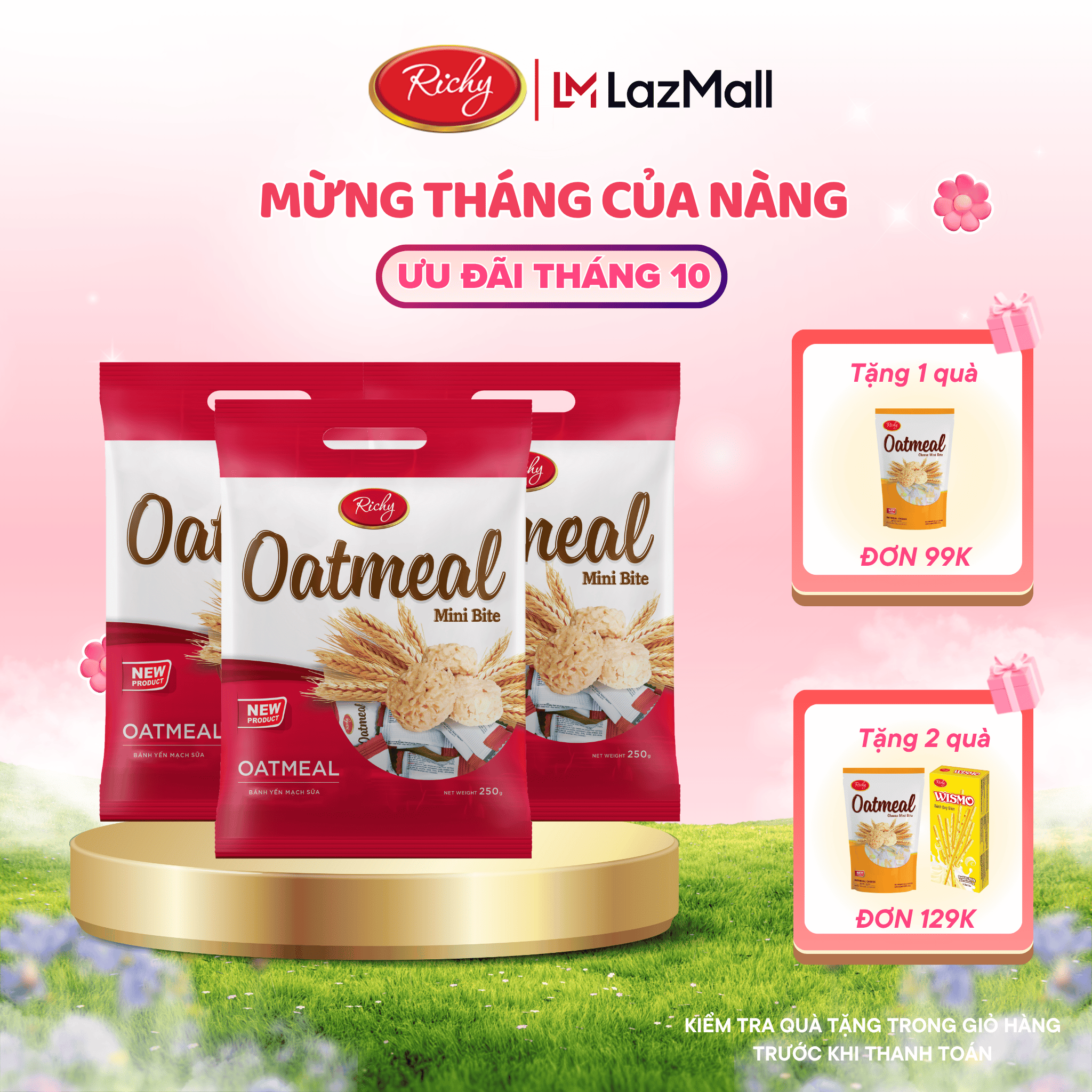 Combo 3 túi bánh yến mạch Oatmeal RIchy, Túi 220g - 250g, 80-100 viên minibite