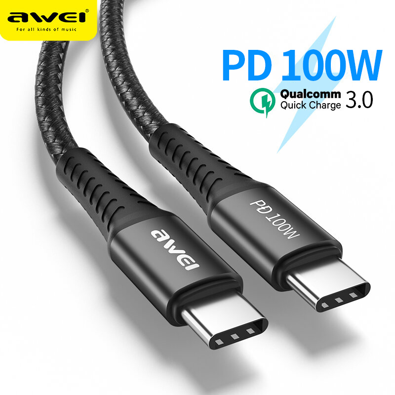Awei CL-117T PD 100W 5A Cáp truyền dữ liệu sạc Type C sang Type C Sạc siêu nhanh 1M cho Apple MacBook Air M1 SAMSUNG S20 S21 Note 10 Huawei Matebook iPad Pro 4 2020 Ipad Pro 2021, Chromebook Realme 6 6i Huawei P30