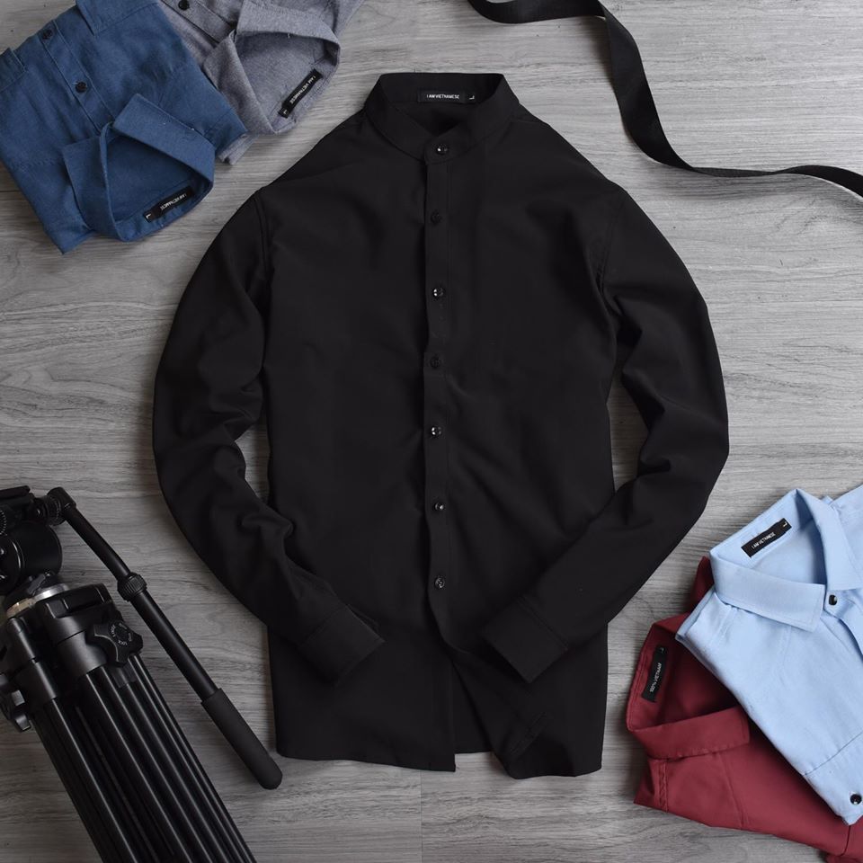 Áo Sơ Mi nam cổ tàu Kojiba màu đen không nhăn dáng ôm hàn quốc, somi nam cổ trụ vải lụa loại đẹp