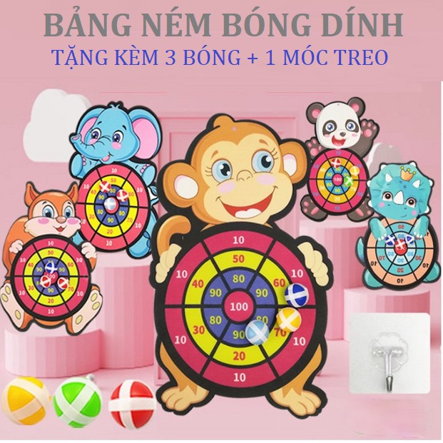 (HCM-Hàng tốt) Bảng phi tiêu bóng dính cho bé, bảng ném bóng gai tính điểm hình con vật ngộ nghĩnh tặng kèm 3 trái bóng và móc treo.