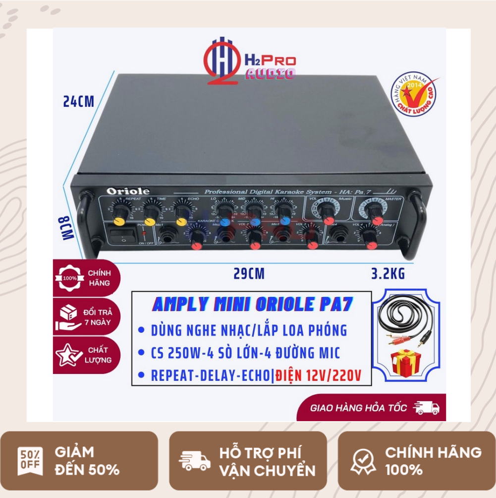 Âm ly mini công suất lớn, amply loa phóng thanh oriole pa7 250w-4 sò lớn, 4 đường mic,12v-220v -h2pro tech