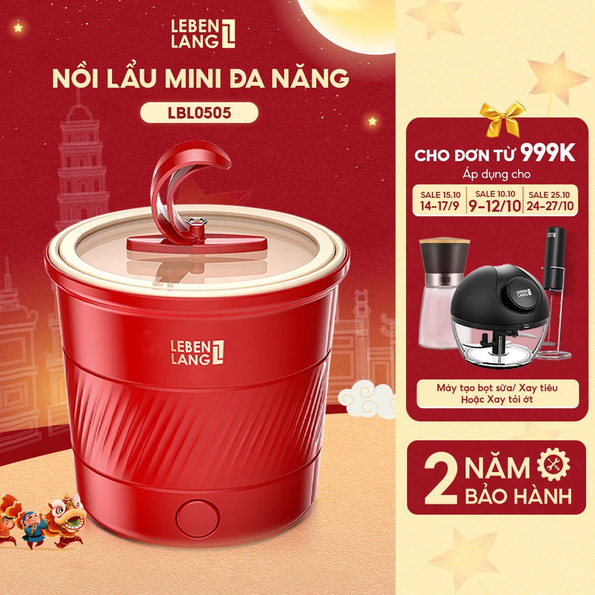 Nồi nấu mì mini Lebenlang LBL0505, nồi lẩu điện đa năng 600W, dung tích 1100ml, thiết kế nhỏ gọn, bảo hành 2 năm - hàng chính hãng