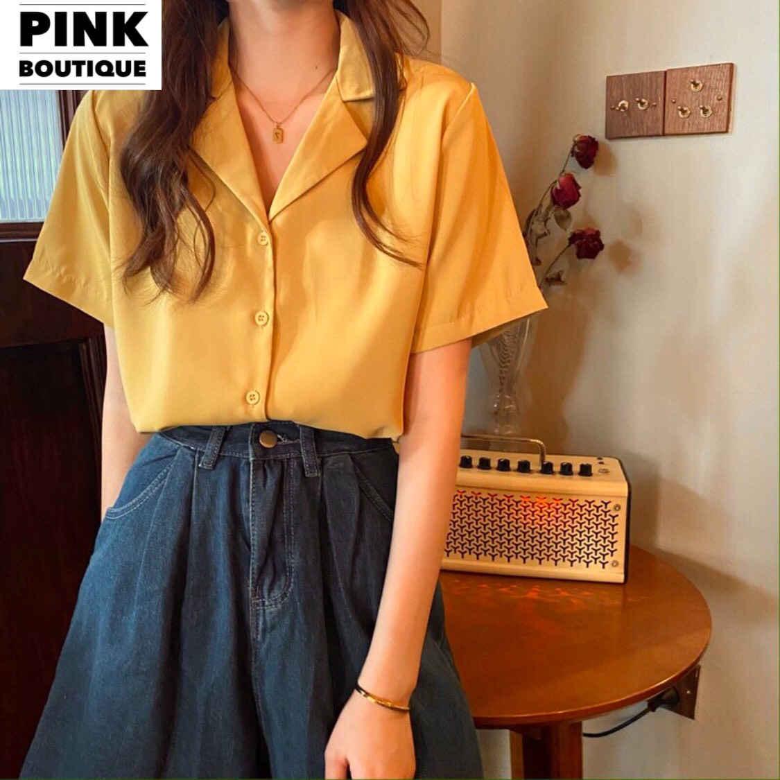 Áo sơ mi nữ cổ vest tay lửng big size thiết kế pinkboutique