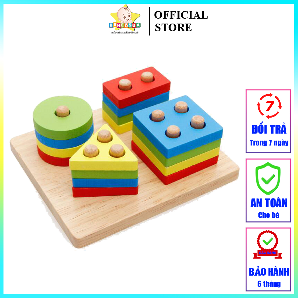 Bộ xếp hình montessori thả khối 4 cọc trụ bằng gỗ - đồ chơi gỗ
