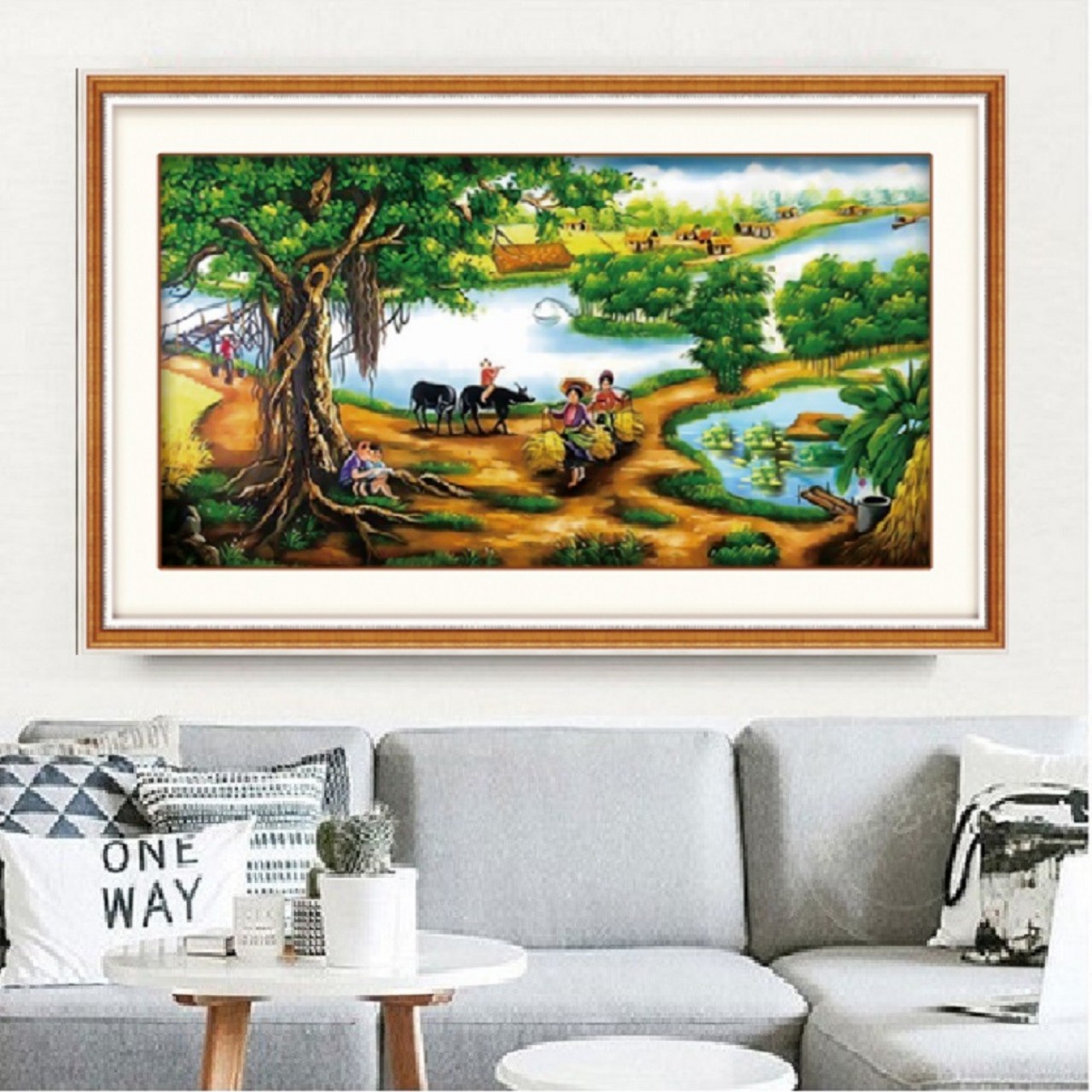 Tranh thêu chữ thập Cây đa đầu làng 124x62cm - chưa thêu