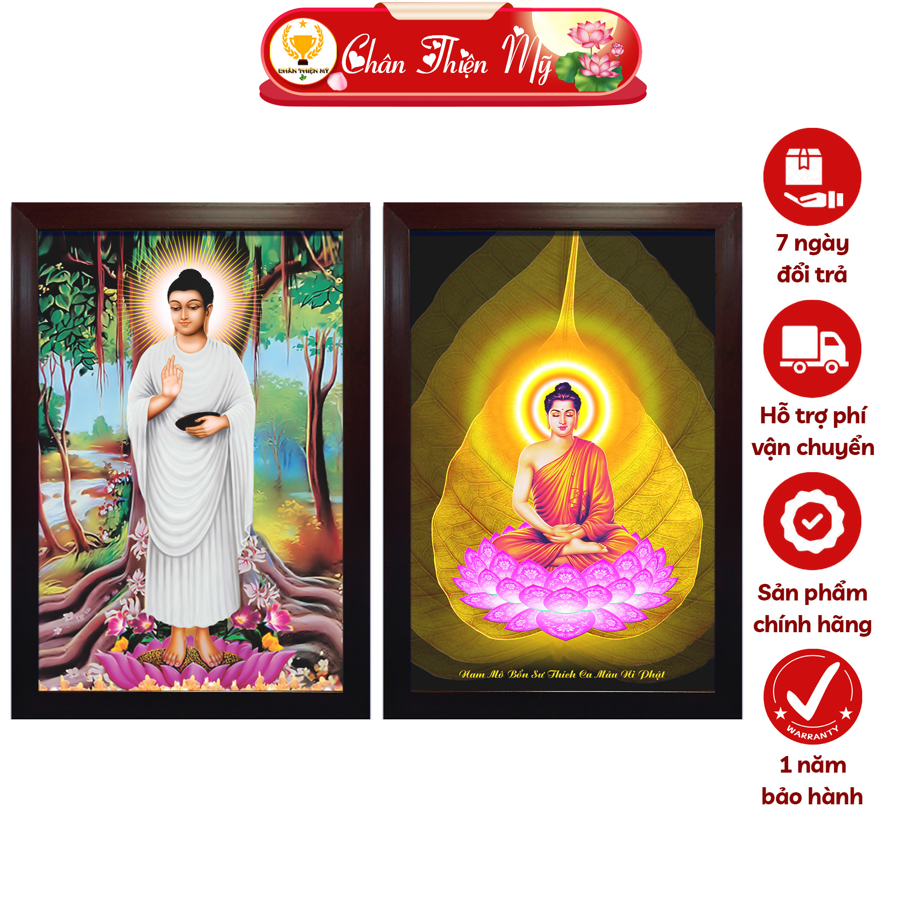 Tranh phật thích ca đản sanh có đèn chân thiện mỹ, trang trí bàn thờ treo tường, treo phòng thờ cdptc-05