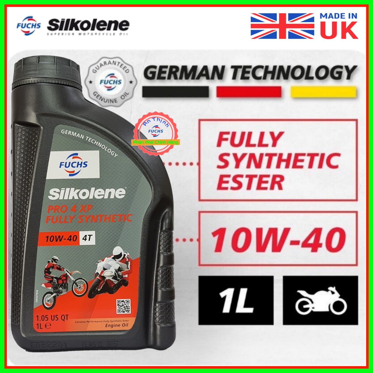 Mẫu Mới-Nhớt FUCHS SILKOLENE Pro XP-XP,10W40, 5W40 Và 15W50 4T Fully Synthetic Ester 1 lít-Tem 3 Lớp-Nhập Khẩu Từ Vương Quốc Anh( UK ).
