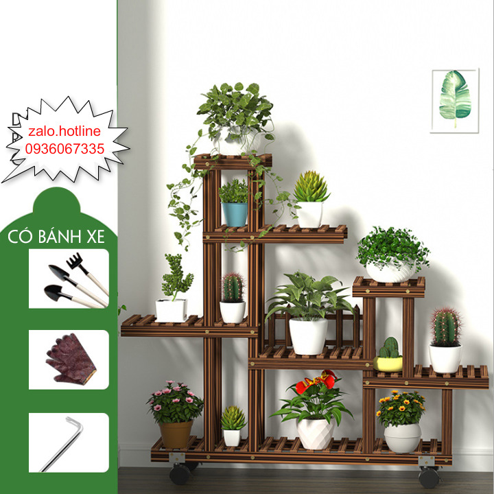 Kệ gỗ - Giá gỗ để chậu hoa, cây cảnh nhiều tầng có bánh xe di chuyển tiện ích
