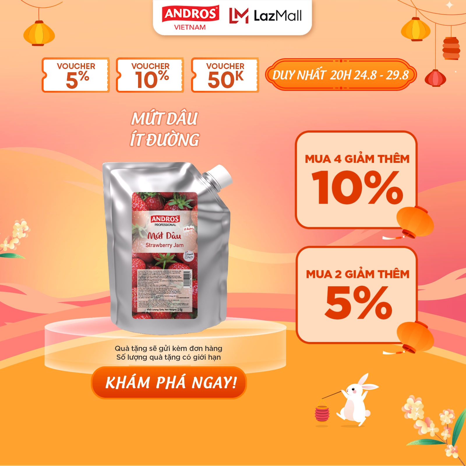 Mứt dâu ít đường - không chất bảo quản - andros - 1kg